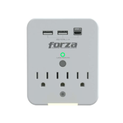 Tomacorriente Forza protector de tensión 490J/1875W 3 slds USB 120V